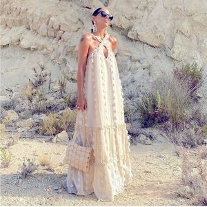 Vintage Bohemian Hollow Out Halter A Line Long Maxi Dress, Size Small